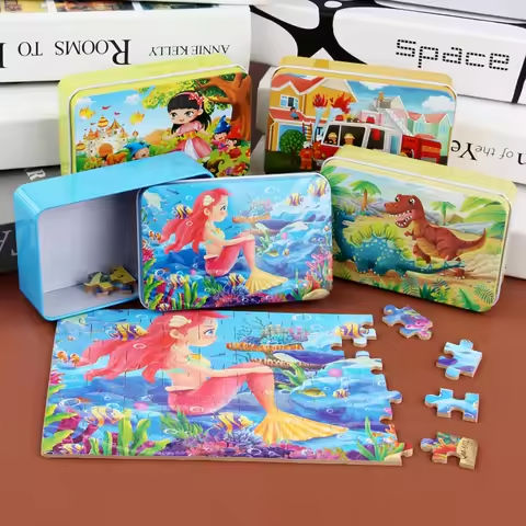 60pcs Jigsaw Cartoon Puzzle With Metal Box, Children’s Early Education Animal Vehicle Puzzle, Parent-Child Interaction Game https://tinyurl.com/2b37trz8