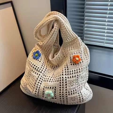 Women Crochet Tote Bag Hollow Beach Bag Large Capacity Fashion Knitted Bag Solid Color Simple Shopping Bag for Travel Vacation https://tinyurl.com/2bnye985