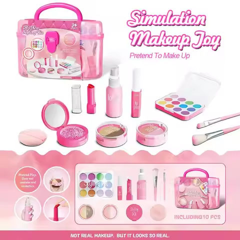 Pretend Makeup Playset, 10-Piece Non-Toxic Toy Cosmetics Set With Eyeshadow Palette, Lipstick, Applicators,  (Not Real Makeup) https://tinyurl.com/29pke6ja