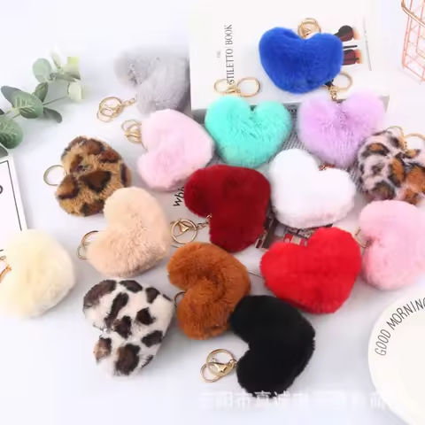 New Heart Plush Hair Ball Keychain Women Leopard Pompom Love Car Key Chain Bags Pendant Hairball Key Rings Jewelry https://tinyurl.com/25zpo24p