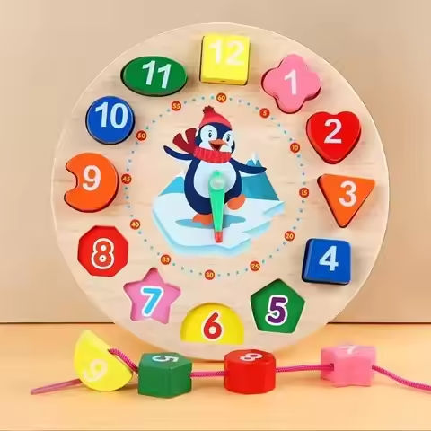Wooden Number Blocks Puzzle Shape Color Sorting Clock Montessori Toys for Kids Early Education Penguin Patterns Time Learning https://tinyurl.com/234hfmax