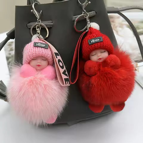 Pompom Sleeping Baby Keychain Cute Fluffy Plush Doll Keyholder Women Girl Bags Keyrings Cars Key Ring Gift Charming Decoration https://tinyurl.com/2acoe7s8