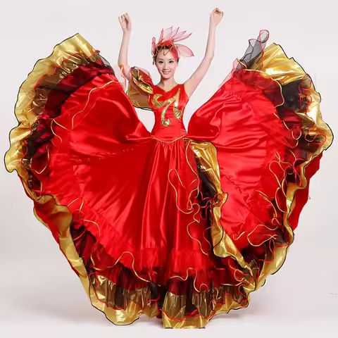 Women Flamenco Ballroom Practice Dress Spanish Fancy Belly Dance Wear Sequin Flower Embroidery Ruffle Big Wing Gypsy Stage Skirt https://tinyurl.com/22rpfonj